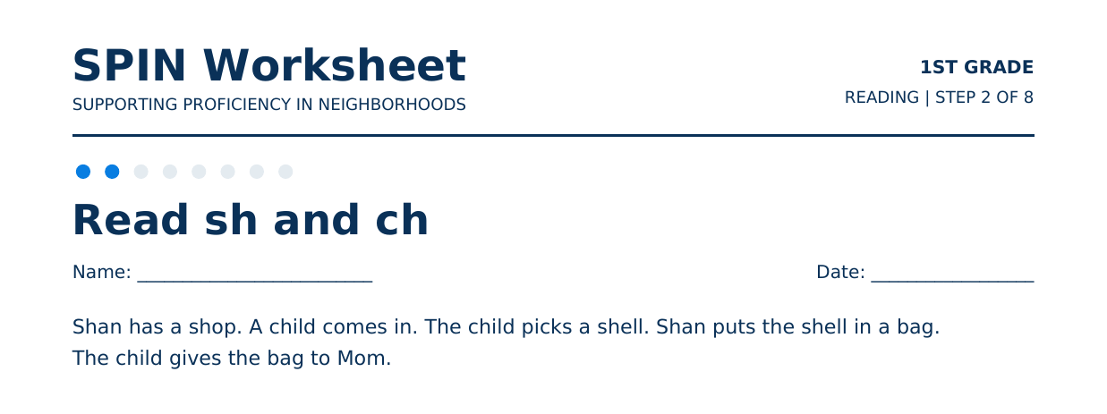 Top of SPIN Worksheet: Read sh and ch, step 2 of 8