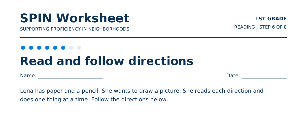 Top of SPIN Worksheet: Read and follow directions, step 6 of 8