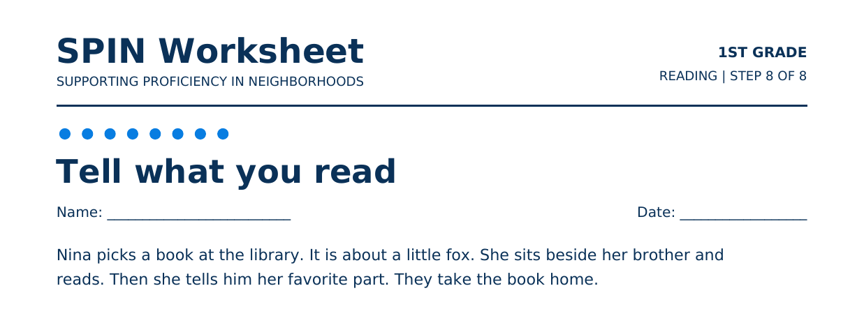 Top of SPIN Worksheet: Tell what you read, step 8 of 8