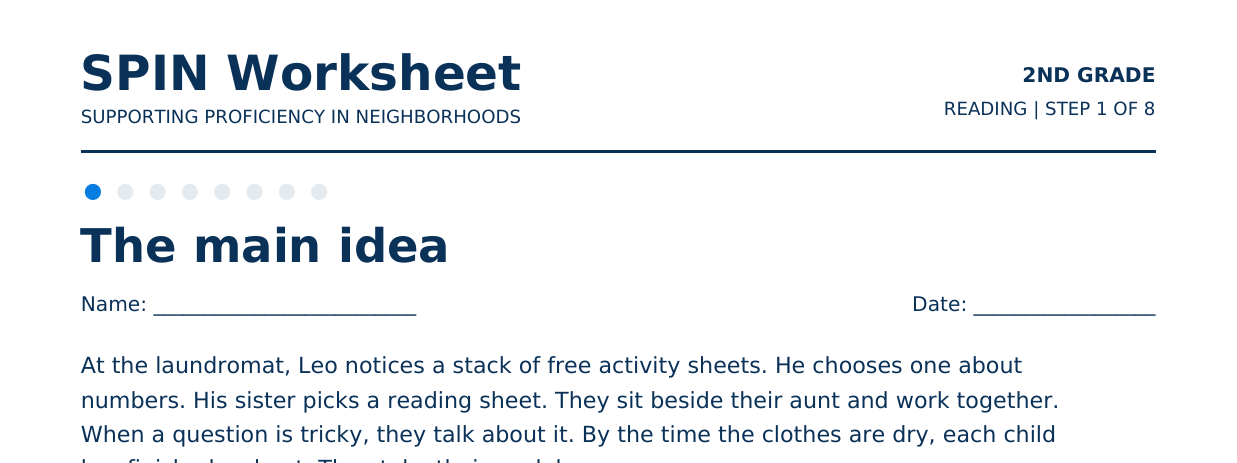Top of SPIN Worksheet: The main idea, step 1 of 8