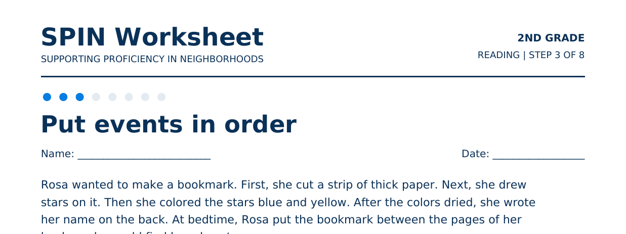 Top of SPIN Worksheet: Put events in order, step 3 of 8