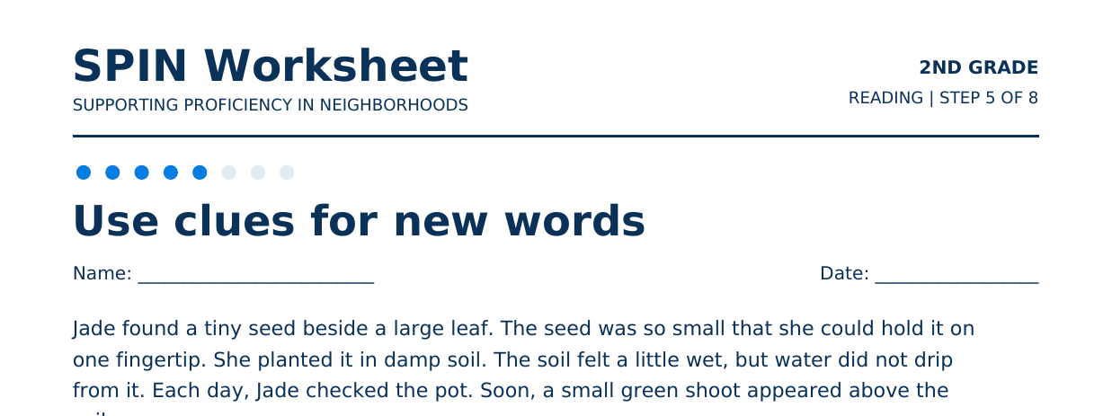Top of SPIN Worksheet: Use clues for new words, step 5 of 8