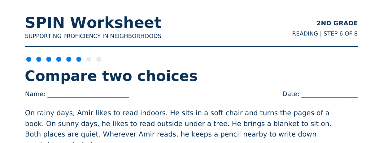 Top of SPIN Worksheet: Compare two choices, step 6 of 8
