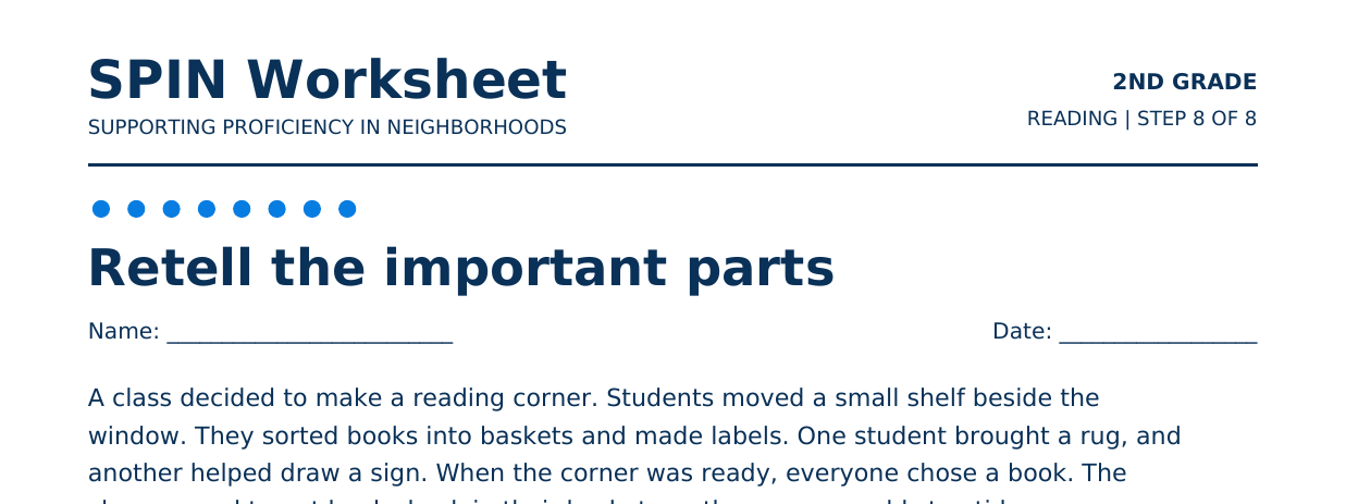 Top of SPIN Worksheet: Retell the important parts, step 8 of 8
