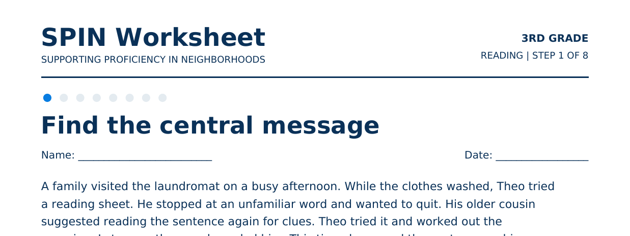 Top of SPIN Worksheet: Find the central message, step 1 of 8