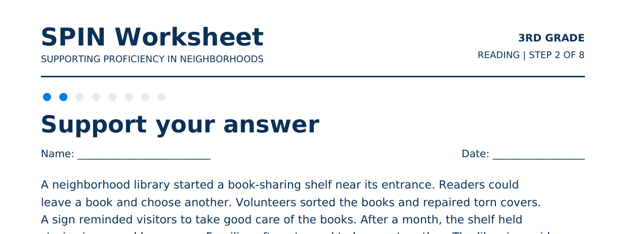 Top of SPIN Worksheet: Support your answer, step 2 of 8