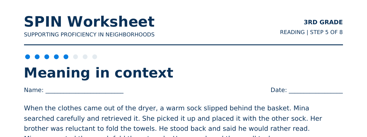 Top of SPIN Worksheet: Meaning in context, step 5 of 8