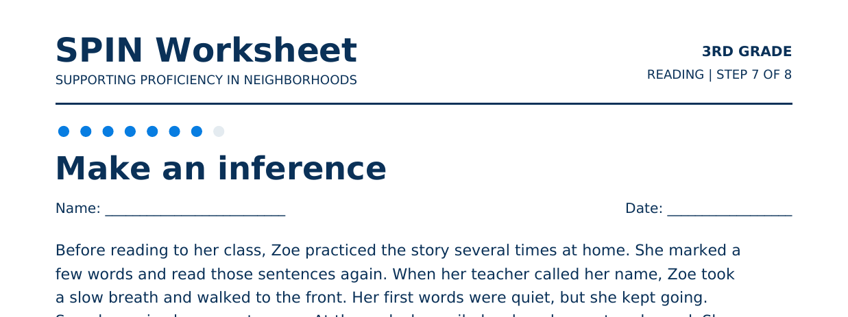 Top of SPIN Worksheet: Make an inference, step 7 of 8