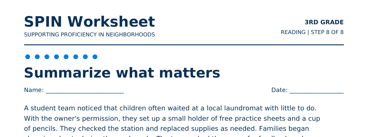 Top of SPIN Worksheet: Summarize what matters, step 8 of 8