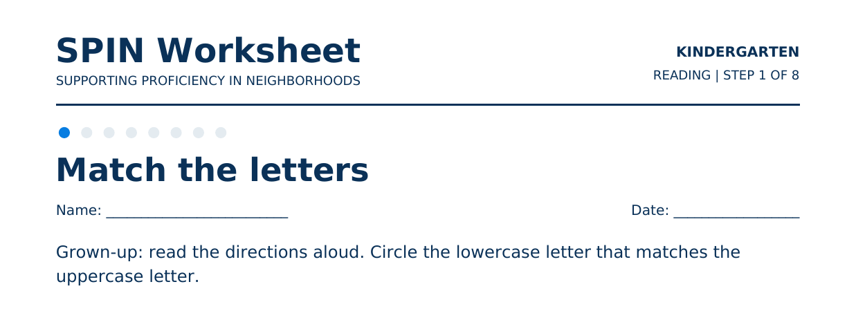 Top of SPIN Worksheet: Match the letters, step 1 of 8
