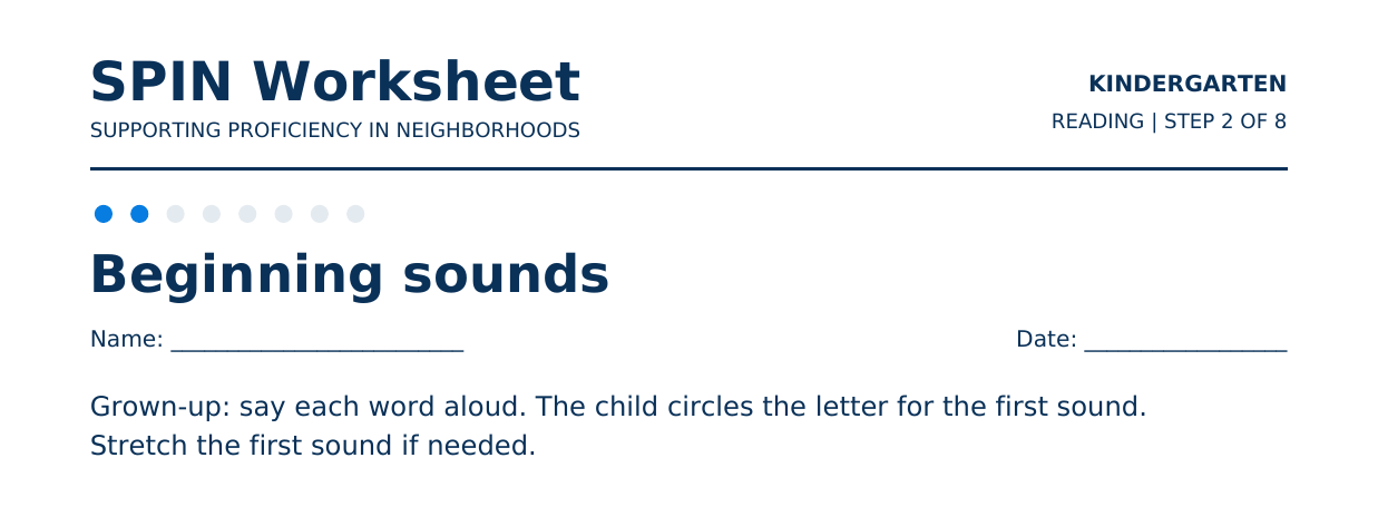 Top of SPIN Worksheet: Beginning sounds, step 2 of 8