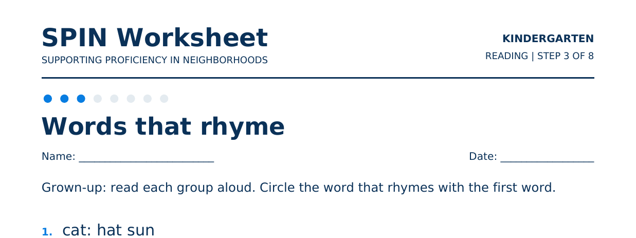 Top of SPIN Worksheet: Words that rhyme, step 3 of 8