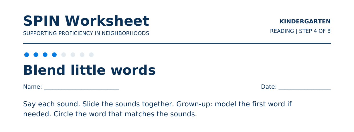 Top of SPIN Worksheet: Blend little words, step 4 of 8