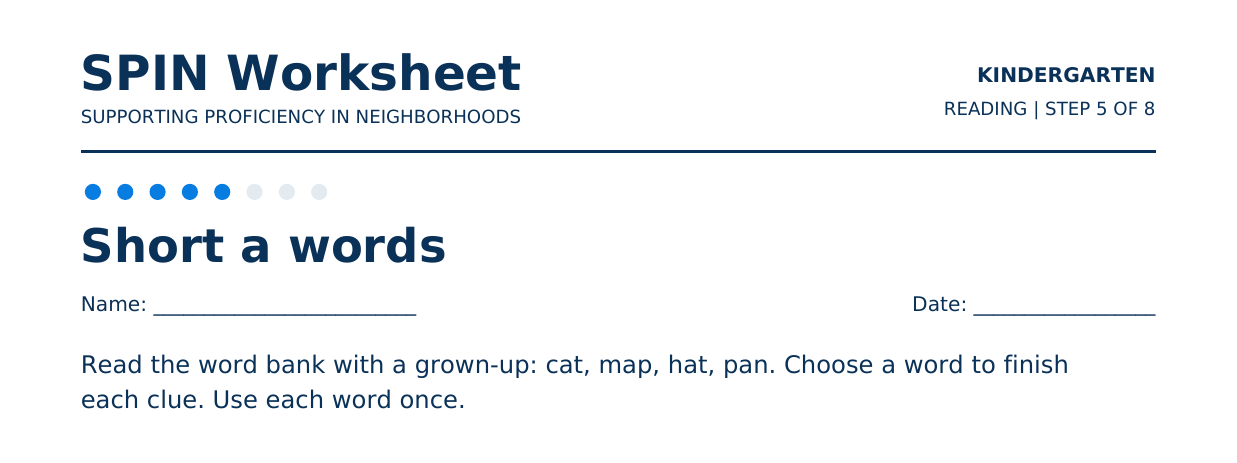 Top of SPIN Worksheet: Short a words, step 5 of 8