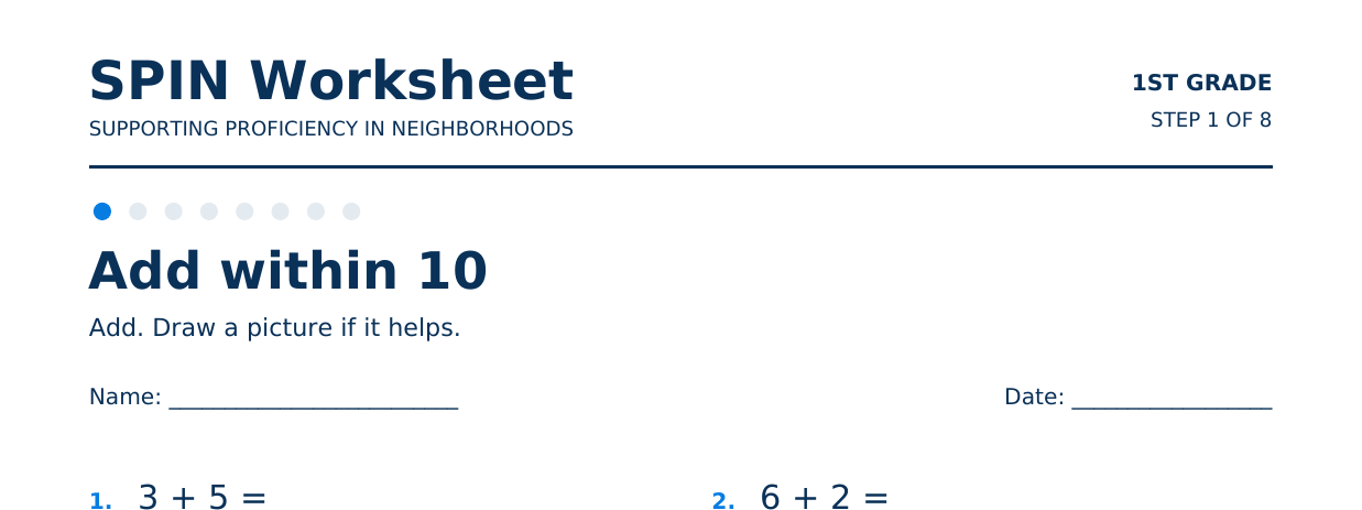 Top of SPIN Worksheet: Add within 10, step 1 of 8