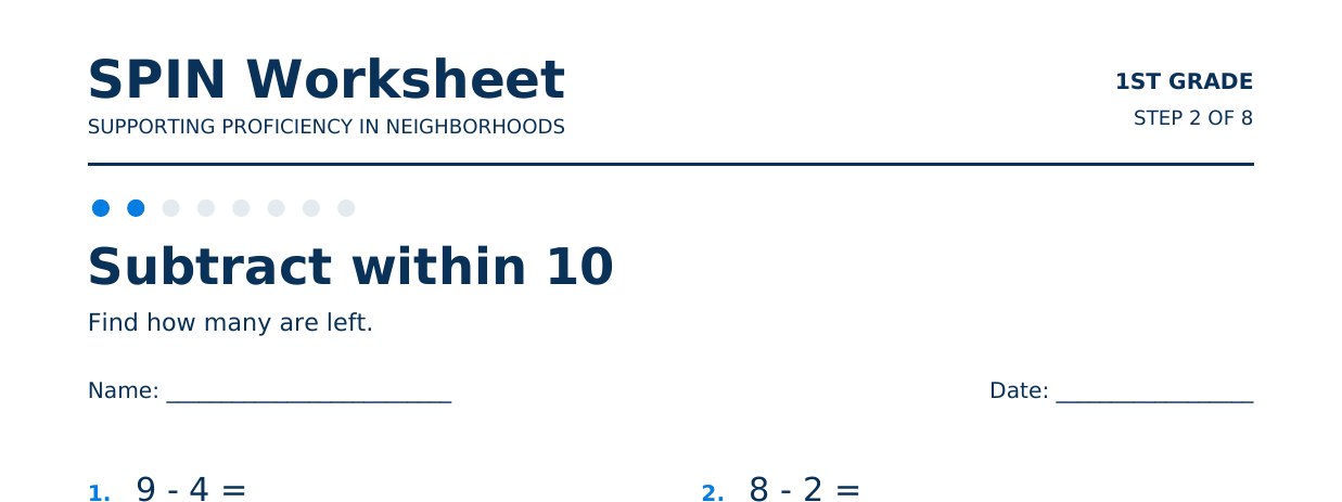 Top of SPIN Worksheet: Subtract within 10, step 2 of 8