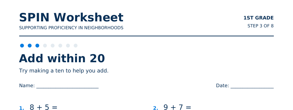 Top of SPIN Worksheet: Add within 20, step 3 of 8