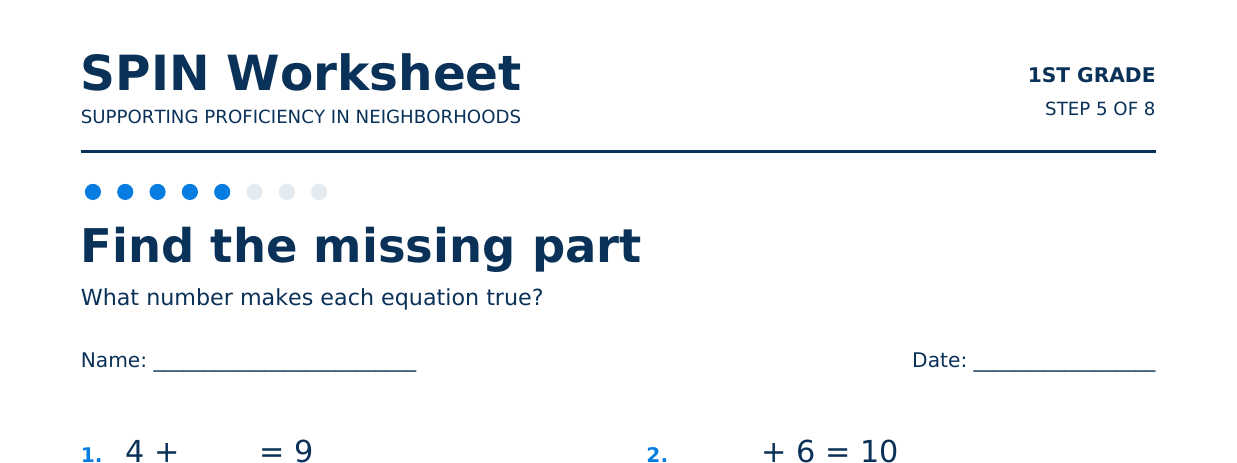 Top of SPIN Worksheet: Find the missing part, step 5 of 8