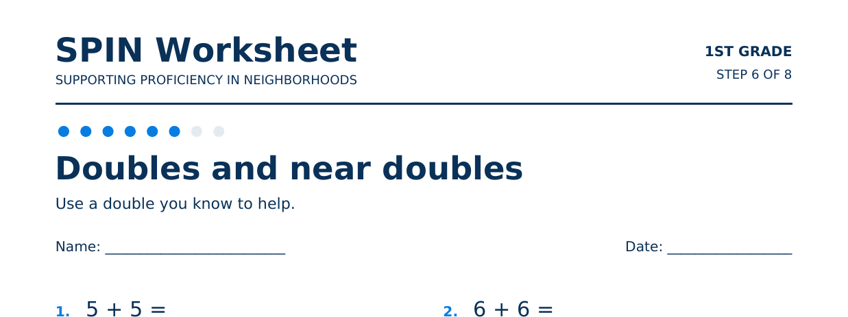 Top of SPIN Worksheet: Doubles and near doubles, step 6 of 8
