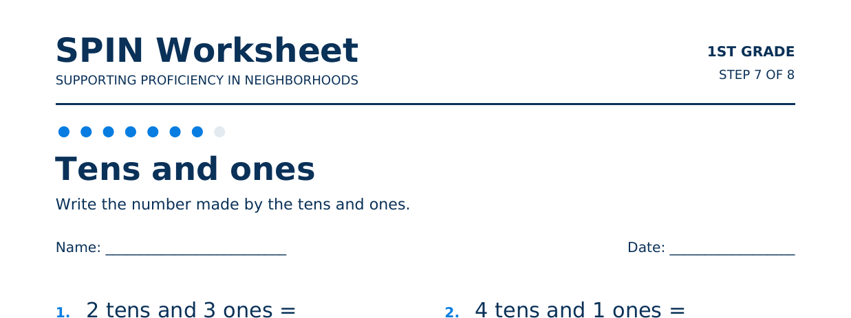 Top of SPIN Worksheet: Tens and ones, step 7 of 8