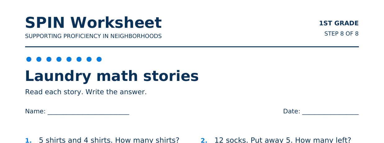Top of SPIN Worksheet: Laundry math stories, step 8 of 8