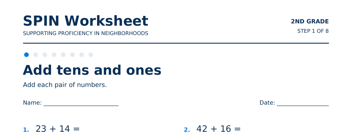 Top of SPIN Worksheet: Add tens and ones, step 1 of 8