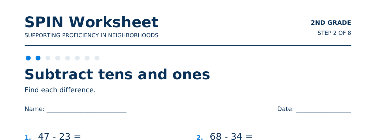 Top of SPIN Worksheet: Subtract tens and ones, step 2 of 8