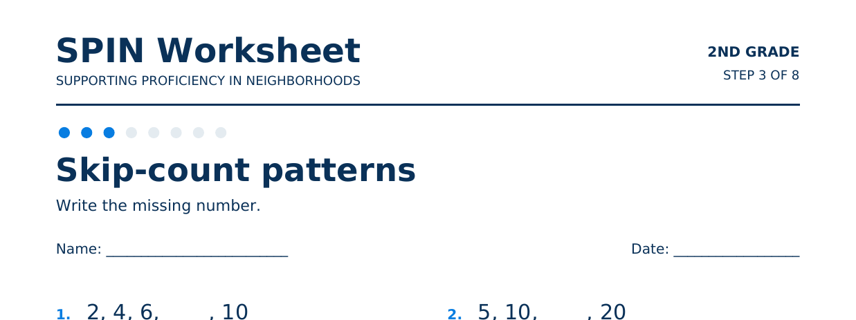 Top of SPIN Worksheet: Skip-count patterns, step 3 of 8