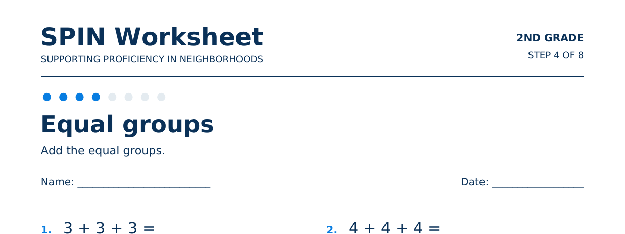 Top of SPIN Worksheet: Equal groups, step 4 of 8