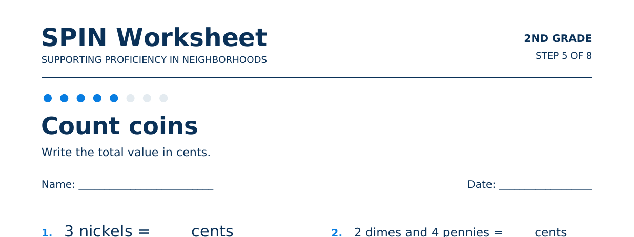 Top of SPIN Worksheet: Count coins, step 5 of 8