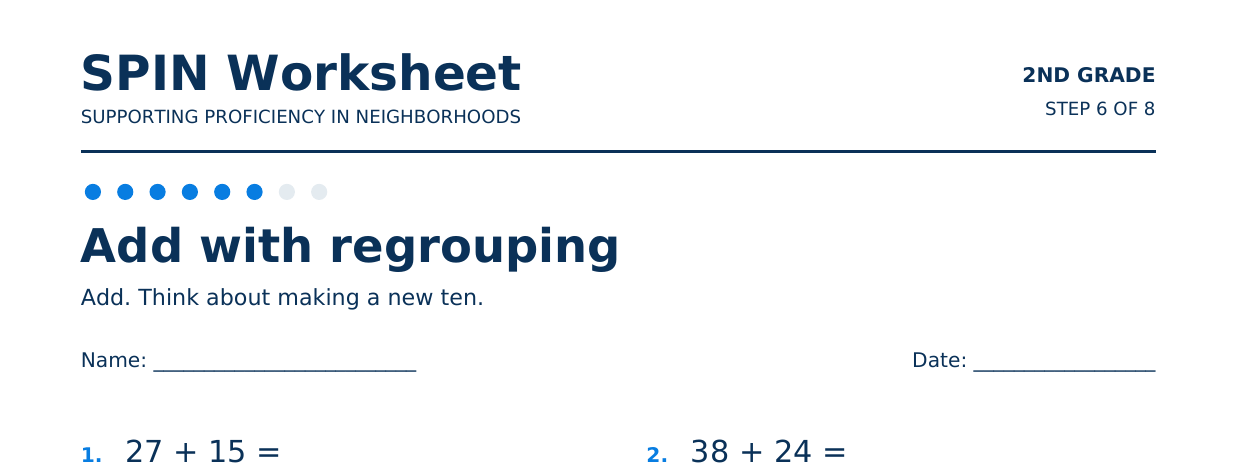 Top of SPIN Worksheet: Add with regrouping, step 6 of 8