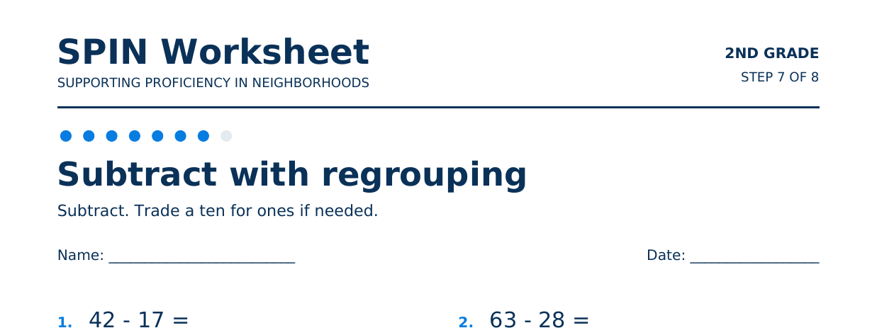 Top of SPIN Worksheet: Subtract with regrouping, step 7 of 8