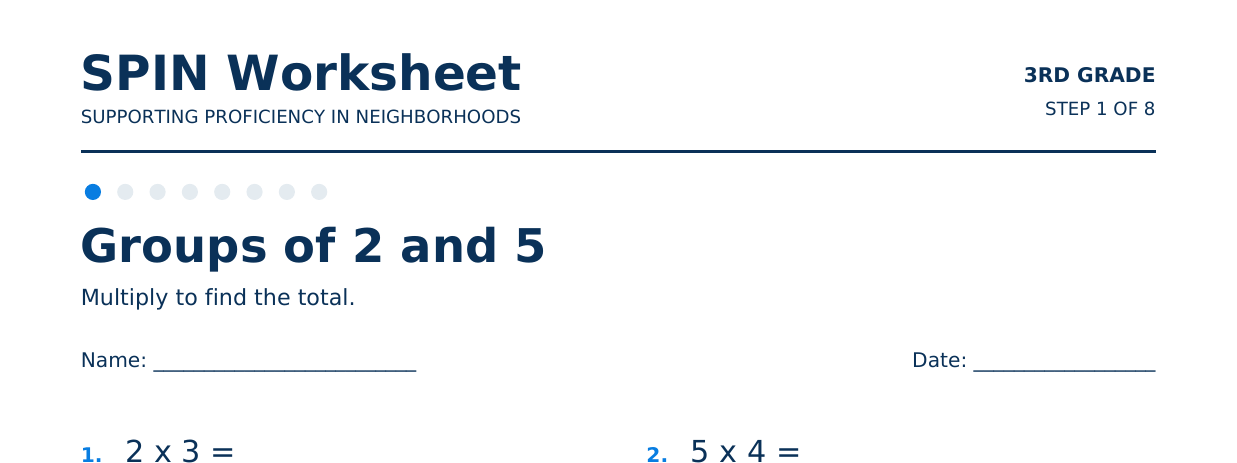 Top of SPIN Worksheet: Groups of 2 and 5, step 1 of 8