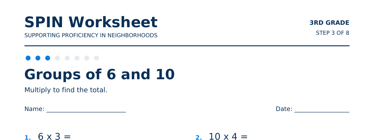 Top of SPIN Worksheet: Groups of 6 and 10, step 3 of 8