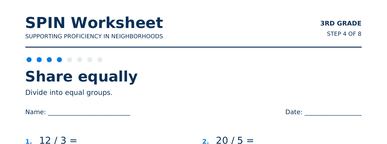 Top of SPIN Worksheet: Share equally, step 4 of 8