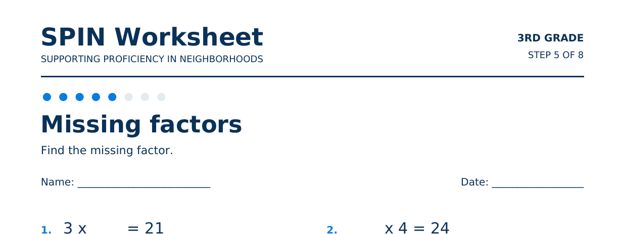 Top of SPIN Worksheet: Missing factors, step 5 of 8
