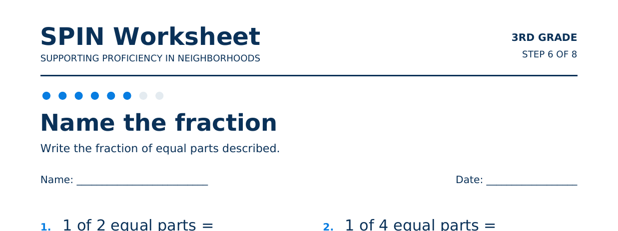 Top of SPIN Worksheet: Name the fraction, step 6 of 8