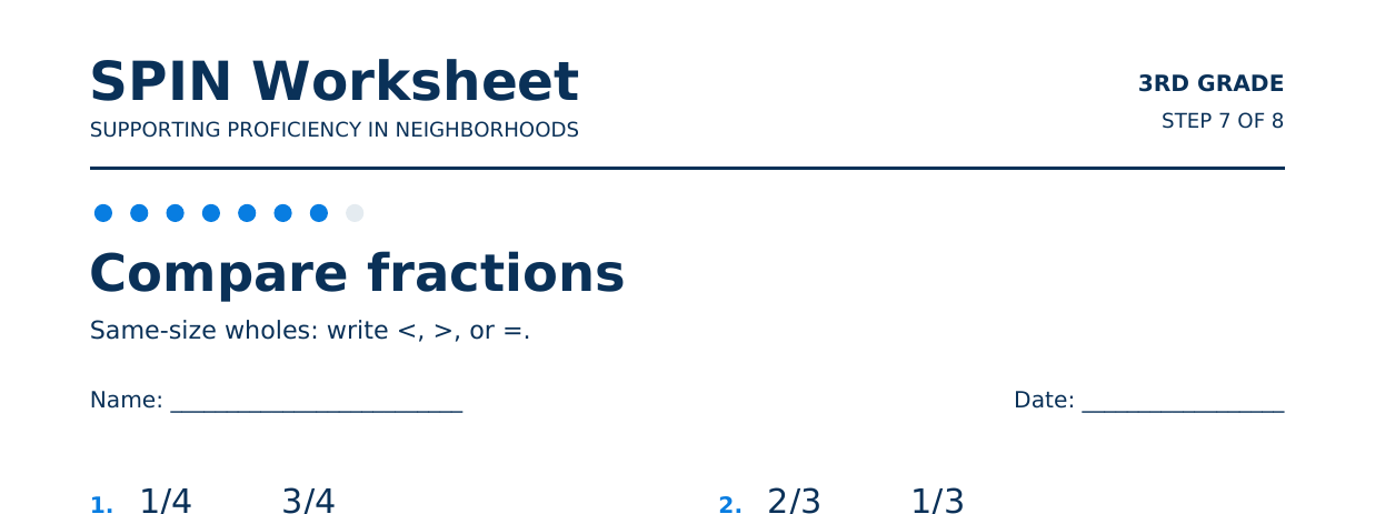 Top of SPIN Worksheet: Compare fractions, step 7 of 8