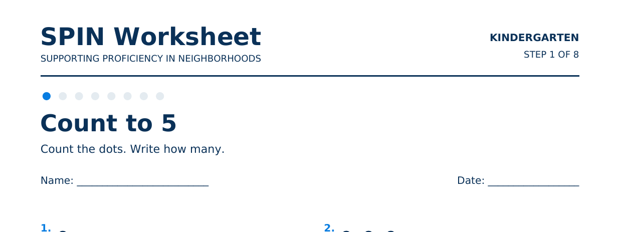 Top of SPIN Worksheet: Count to 5, step 1 of 8