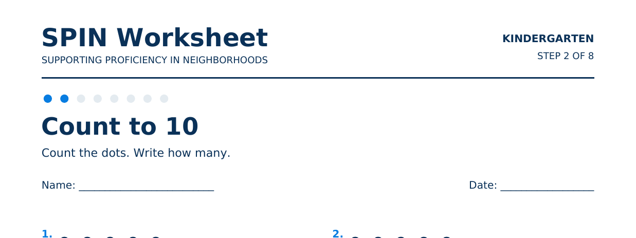 Top of SPIN Worksheet: Count to 10, step 2 of 8