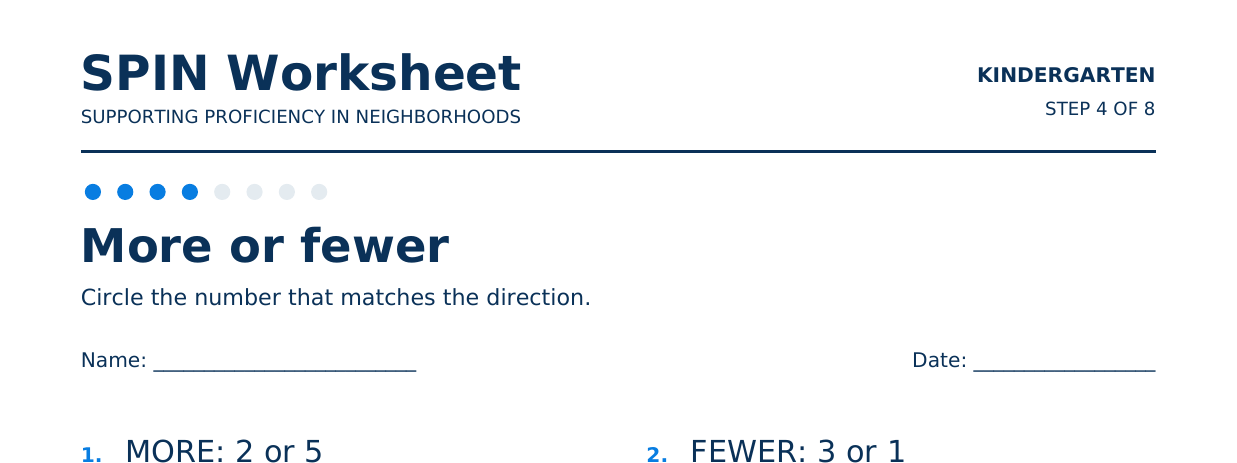 Top of SPIN Worksheet: More or fewer, step 4 of 8