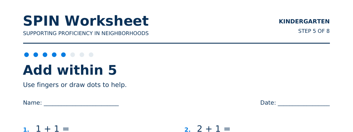 Top of SPIN Worksheet: Add within 5, step 5 of 8