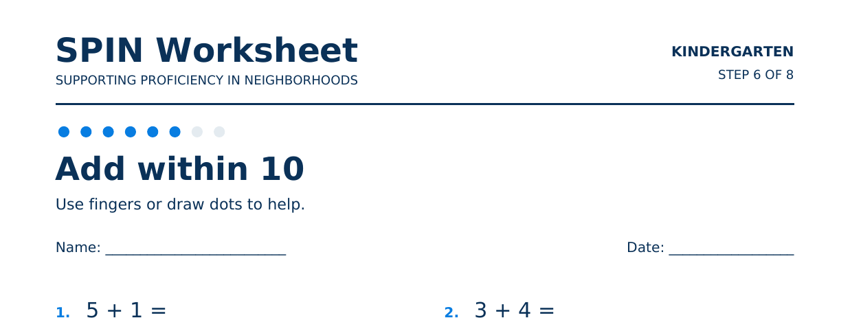 Top of SPIN Worksheet: Add within 10, step 6 of 8
