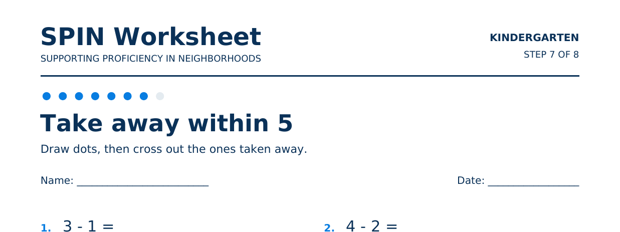 Top of SPIN Worksheet: Take away within 5, step 7 of 8