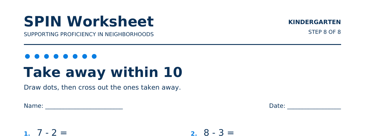Top of SPIN Worksheet: Take away within 10, step 8 of 8